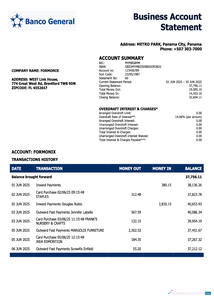 Download Panama Banco General enterprise account statement Word and PDF format Photoshop template
